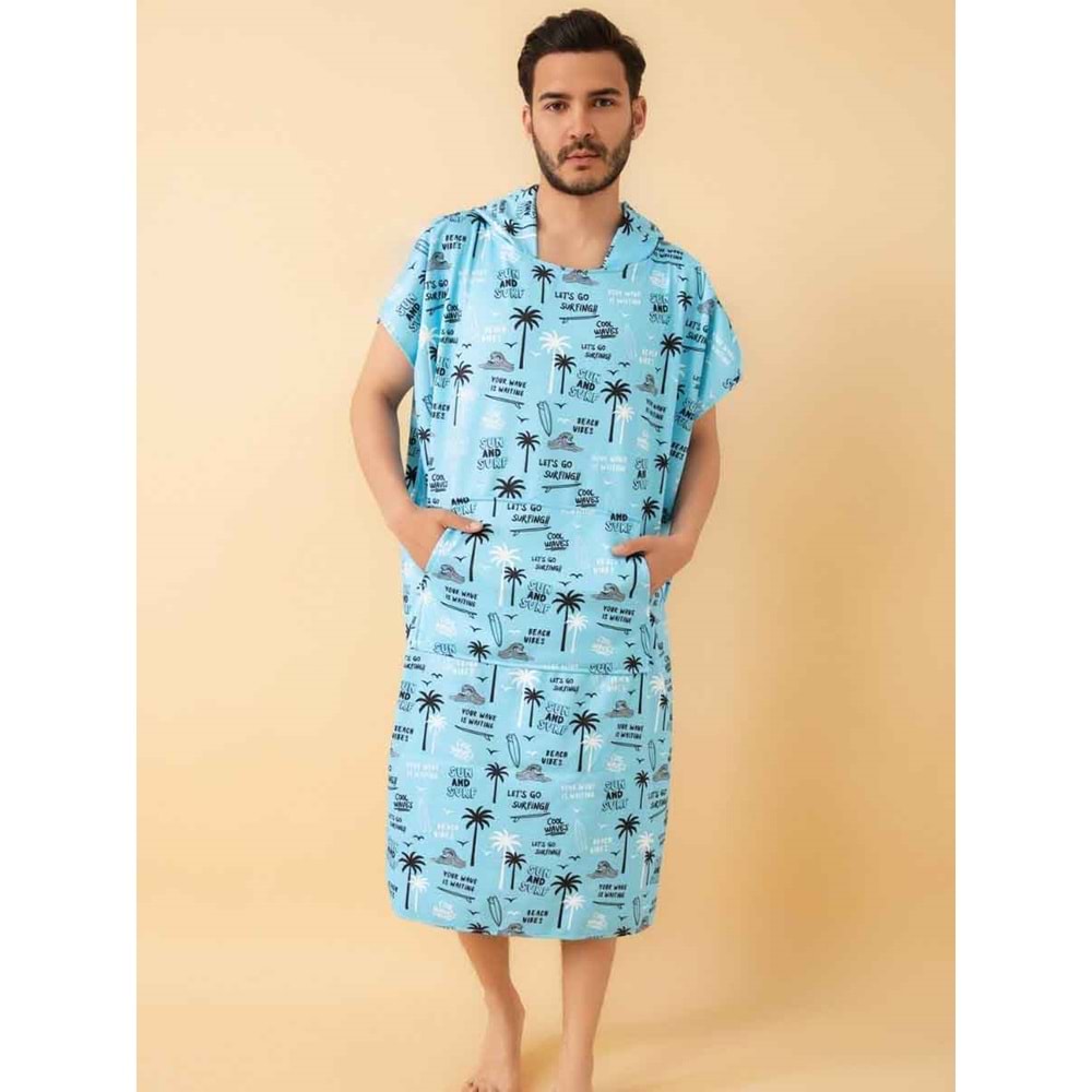 Beach Vibes Desen Yetişkin Sörf Yazlık Panço Kapüşonlu Plaj Havlusu Plaj Elbisesi L Beden