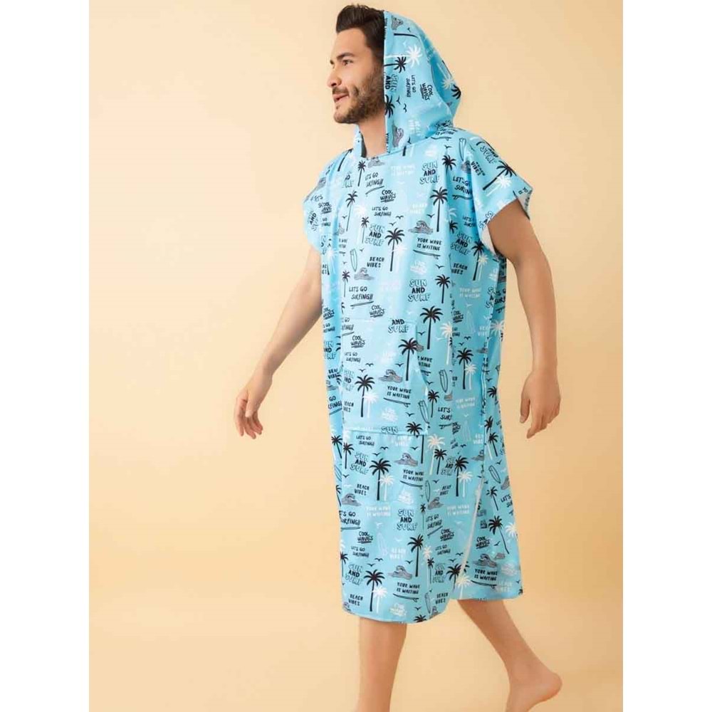 Beach Vibes Desen Yetişkin Sörf Yazlık Panço Kapüşonlu Plaj Havlusu Plaj Elbisesi L Beden