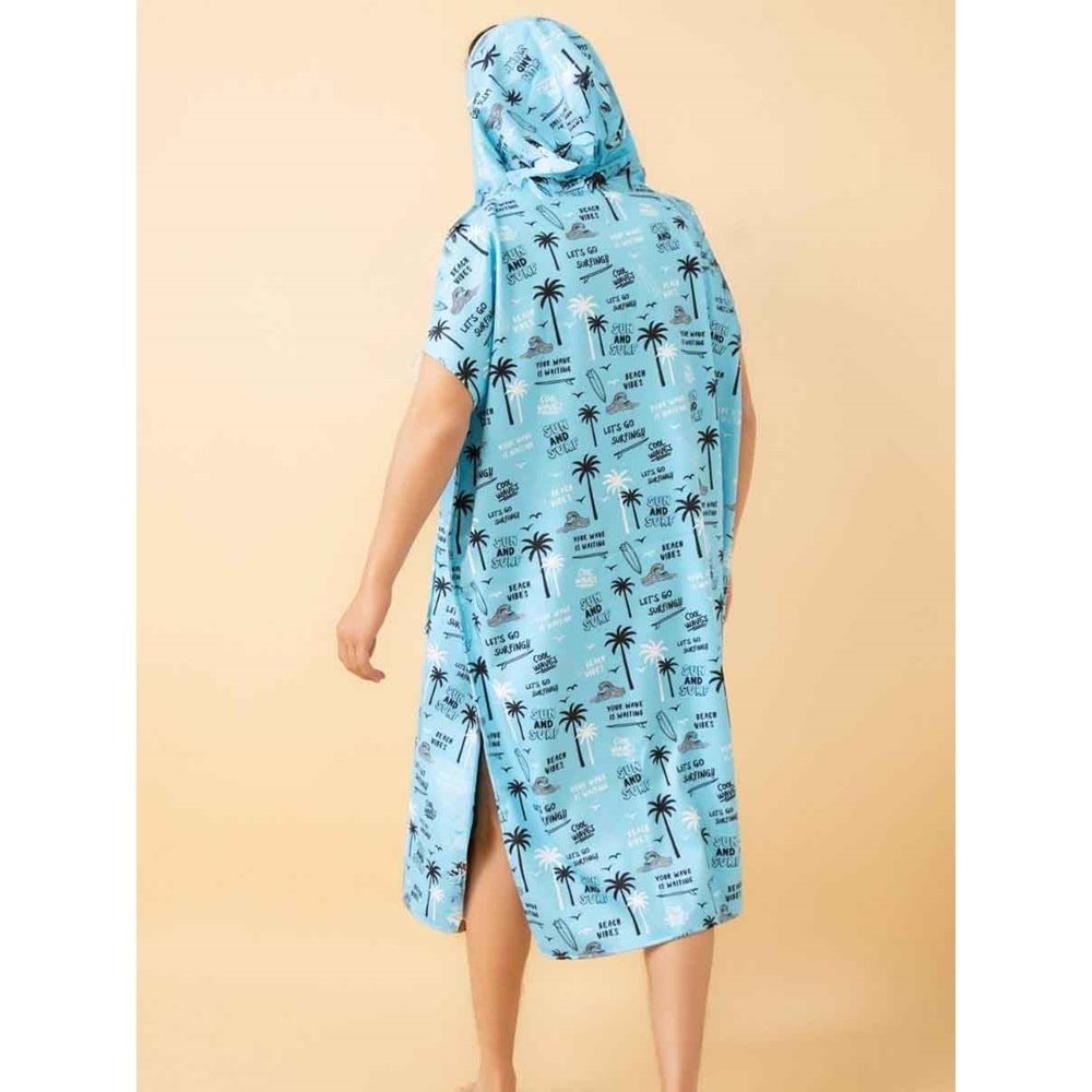 Beach Vibes Desen Yetişkin Sörf Yazlık Panço Kapüşonlu Plaj Havlusu Plaj Elbisesi S-M Beden