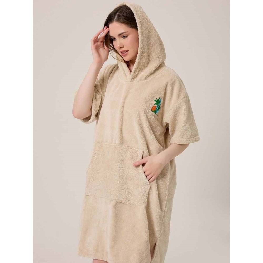 Palmiye Sörf Nakışlı Yetişkin Sörf Yazlık Panço Kapüşonlu Plaj Havlusu BEJ