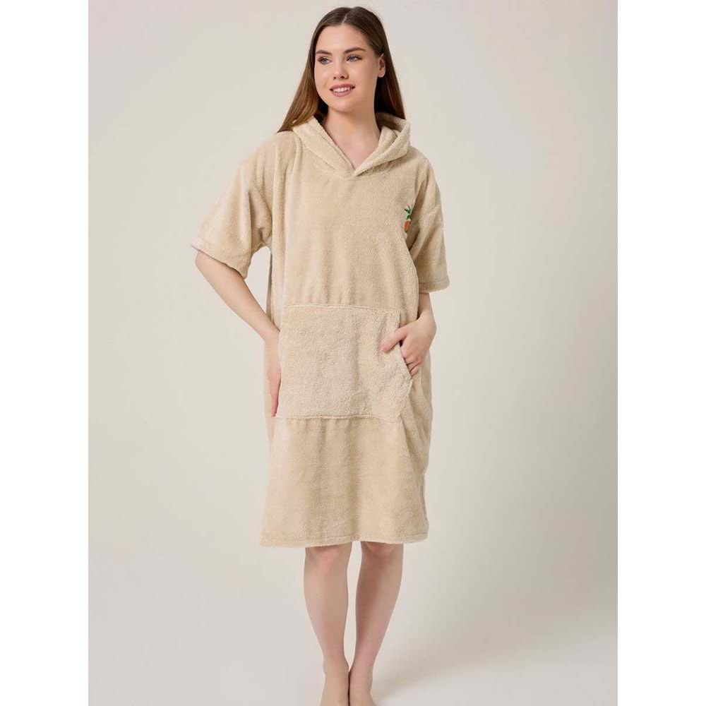 Palmiye Sörf Nakışlı Yetişkin Sörf Yazlık Panço Kapüşonlu Plaj Havlusu BEJ