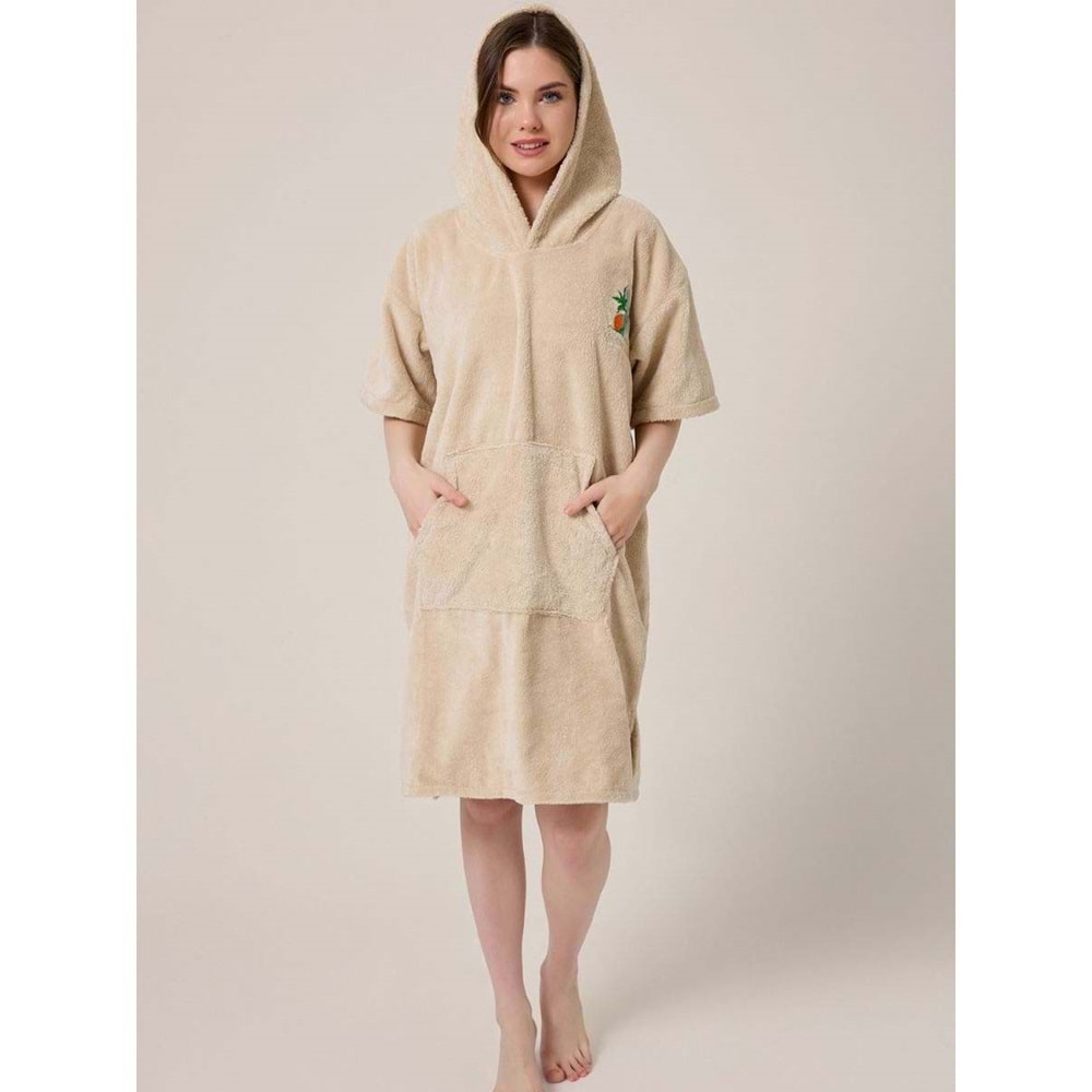 Palmiye Sörf Nakışlı Yetişkin Sörf Yazlık Panço Kapüşonlu Plaj Havlusu BEJ