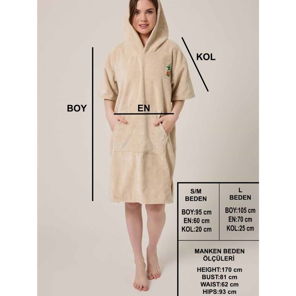 Palmiye Sörf Nakışlı Yetişkin Sörf Yazlık Panço Kapüşonlu Plaj Havlusu BEJ