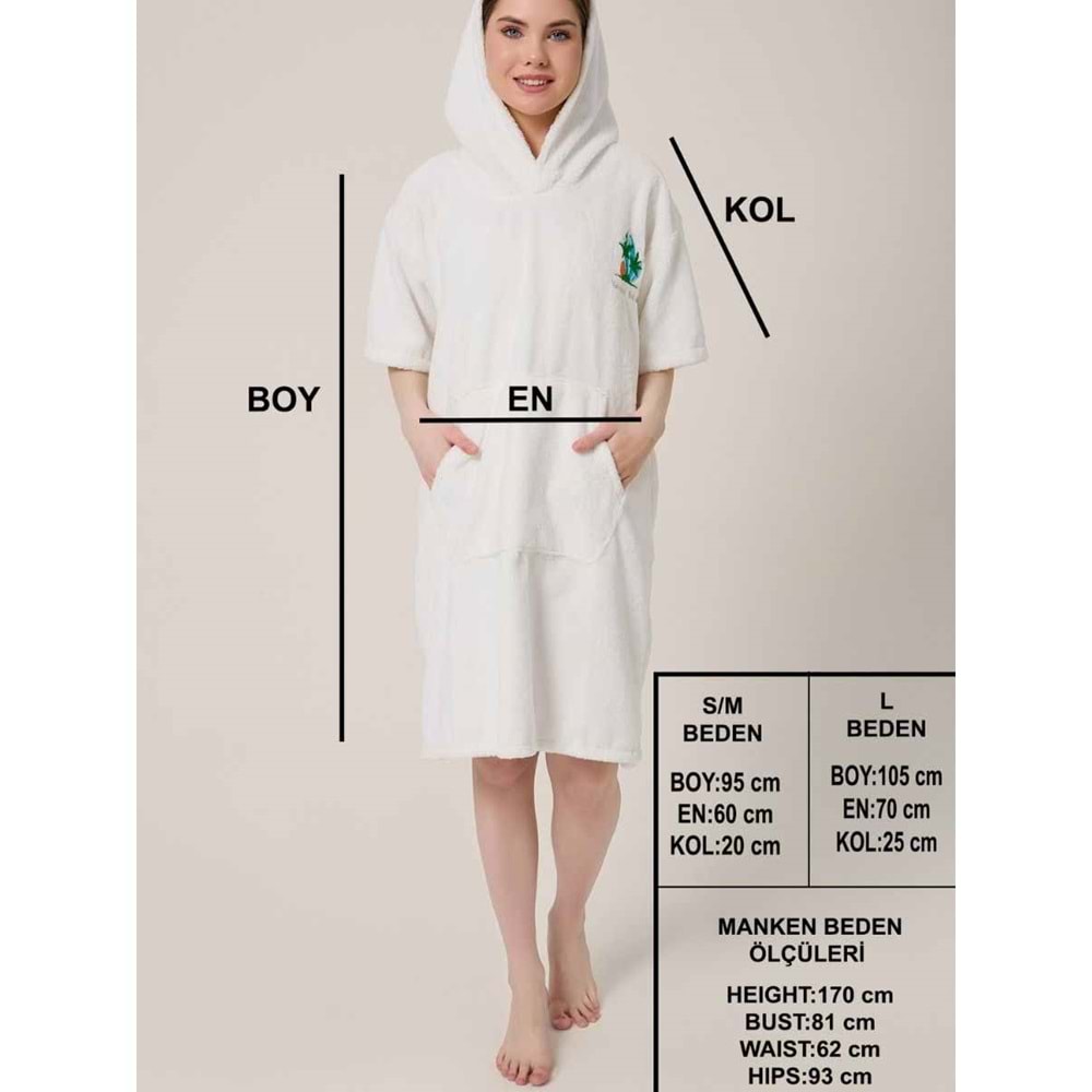Palmiye Sörf Nakışlı Yetişkin Sörf Yazlık Panço Kapüşonlu Plaj Havlusu KREM