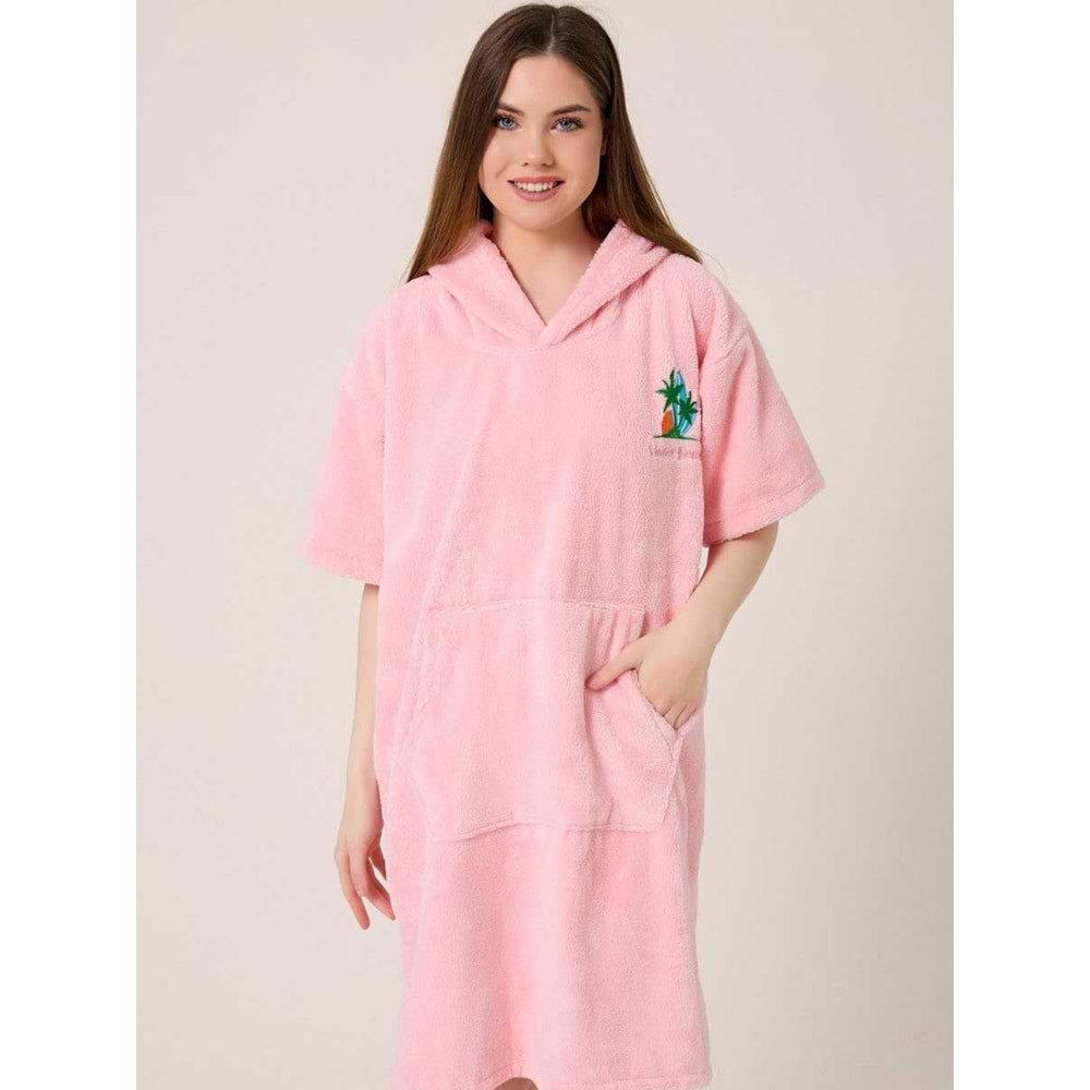 Palmiye Sörf Nakışlı Yetişkin Sörf Yazlık Panço Kapüşonlu Plaj Havlusu PUDRA