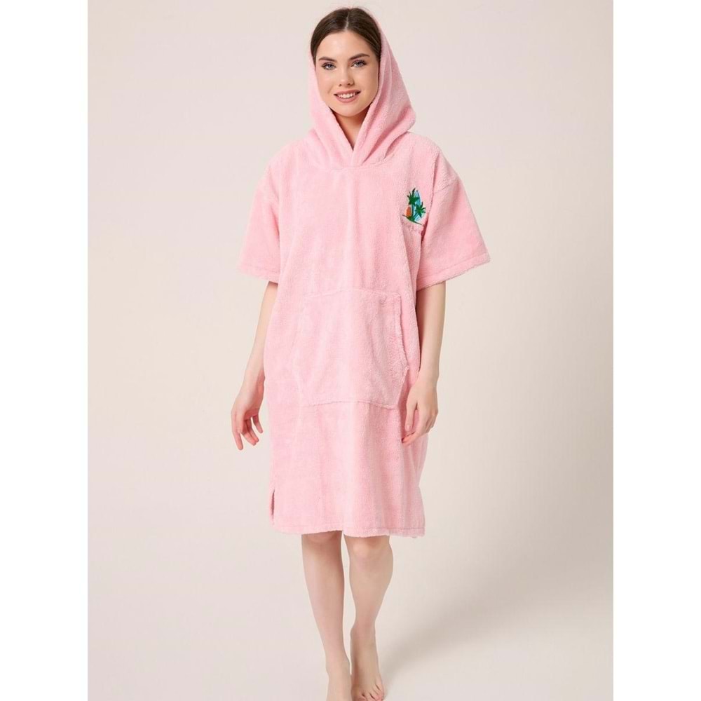 Palmiye Sörf Nakışlı Yetişkin Sörf Yazlık Panço Kapüşonlu Plaj Havlusu PUDRA