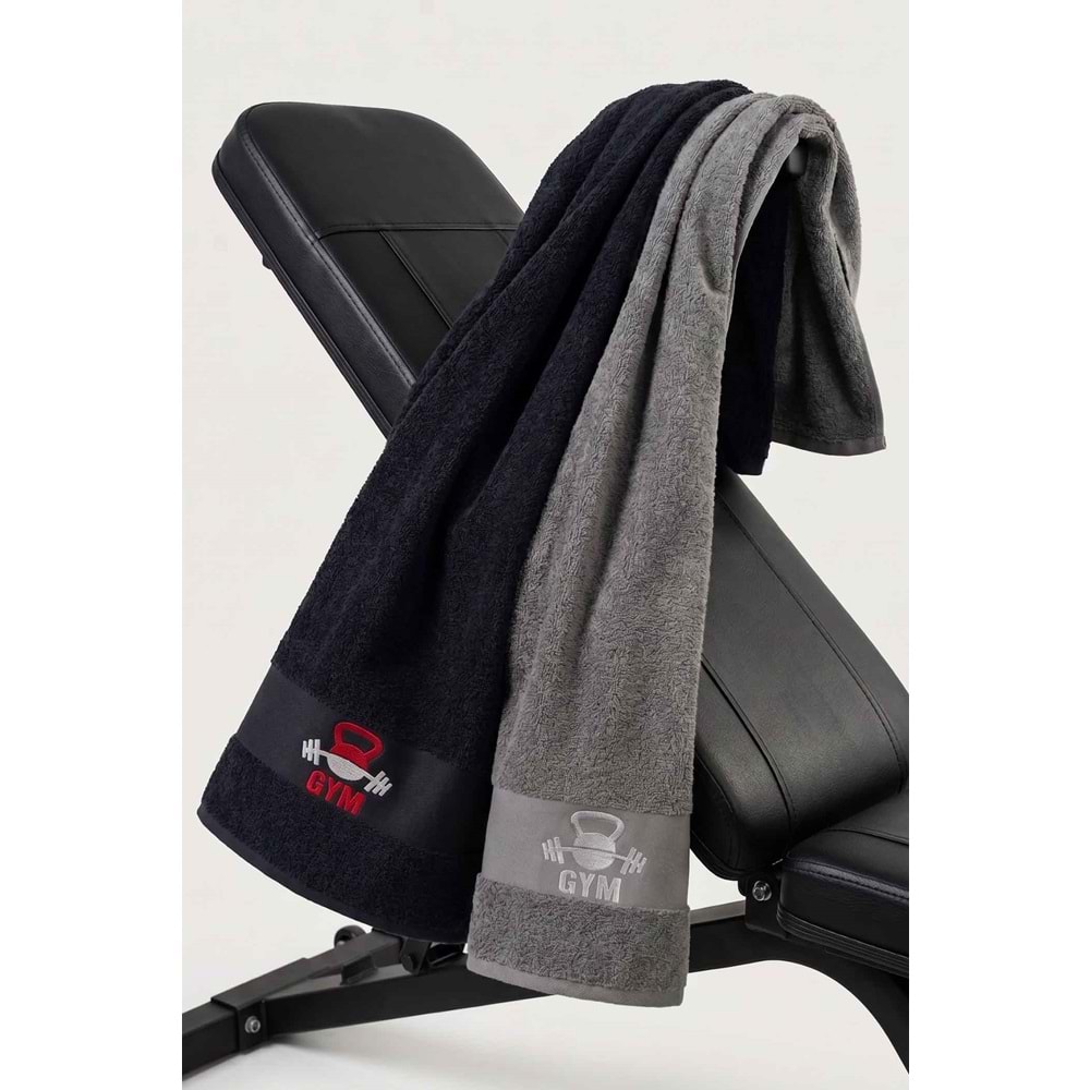 GYM 50x100 Cm %100 Pamuklu 2'li Spor Havlusu SİYAH-AÇIK GRİ Fitness Gym Golf Boks Tenis Havlusu