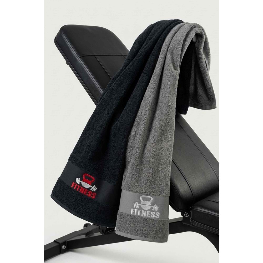 FITNESS 50x100 Cm %100 Pamuklu 2'li Spor Havlusu SİYAH-AÇIK GRİ Fitness Gym Golf Boks Tenis Havlusu