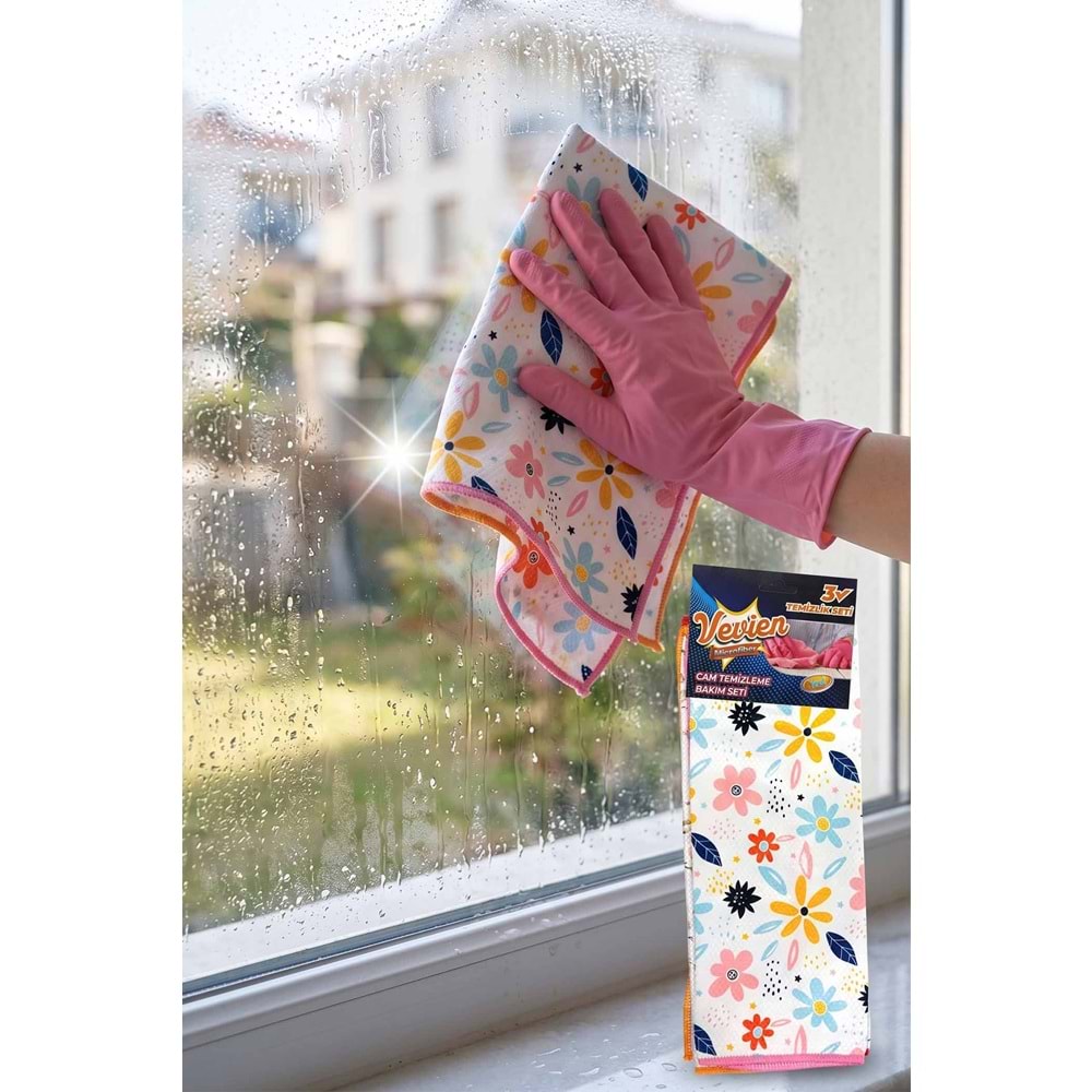 Microfiber Çiçek Desenli Cam Bezi Temizlik Bezi | 3'lü 40x40 Cm