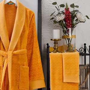 Ansaaj Kadife Jakarlı 4 Parça Bornoz Takımı HARDAL L-XL Beden