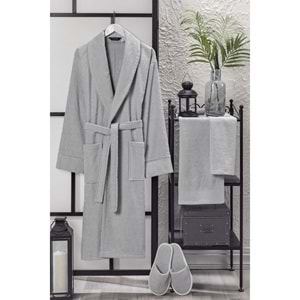 VevienHome Kadife Jakarlı 4 Parça Bornoz Takımı AÇIK GRİ L Beden