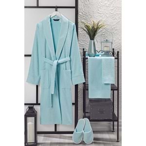 VevienHome Kadife Jakarlı 4 Parça Bornoz Takımı AÇIK MAVİ L Beden