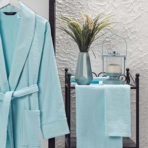 VevienHome Kadife Jakarlı 4 Parça Bornoz Takımı AÇIK MAVİ L Beden