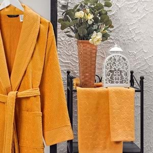 VevienHome Kadife Jakarlı 4 Parça Bornoz Takımı HARDAL L Beden