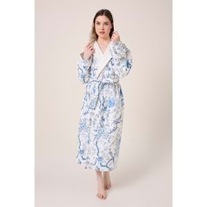 Blue Gladiolo Fiore Desenli Dijital Baskılı Kapüşonlu Bornoz