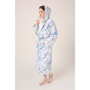 Blue Gladiolo Fiore Desenli Dijital Baskılı Kapüşonlu Bornoz