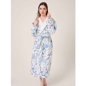 Blue Gladiolo Fiore Desenli Dijital Baskılı Kapüşonlu Bornoz