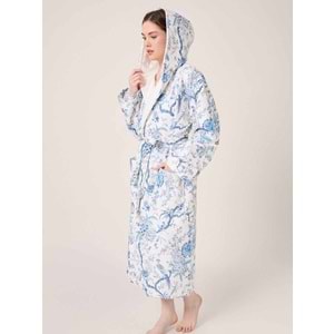Blue Gladiolo Fiore Desenli Dijital Baskılı Kapüşonlu Bornoz