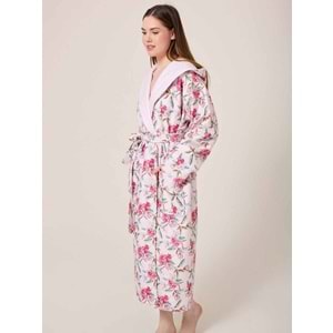 Peonia Fiore Desenli Dijital Baskılı Kapüşonlu Bornoz