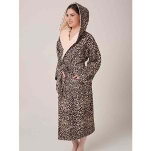Leopar Desenli Dijital Baskılı Kapüşonlu Bornoz