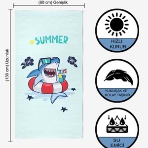 Shark Dijital Baskılı 60x130 Cm Çocuk Plaj Havlusu
