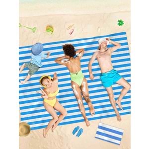 Mavi Çizgili Dijital Baskılı 150x220 Cm Aile Boyu Plaj Havlusu Kum Geçirmez