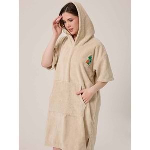 Palmiye Sörf Nakışlı Yetişkin Sörf Yazlık Panço Kapüşonlu Plaj Havlusu BEJ