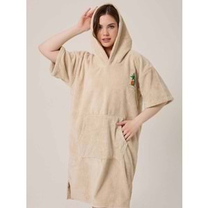 Palmiye Sörf Nakışlı Yetişkin Sörf Yazlık Panço Kapüşonlu Plaj Havlusu BEJ
