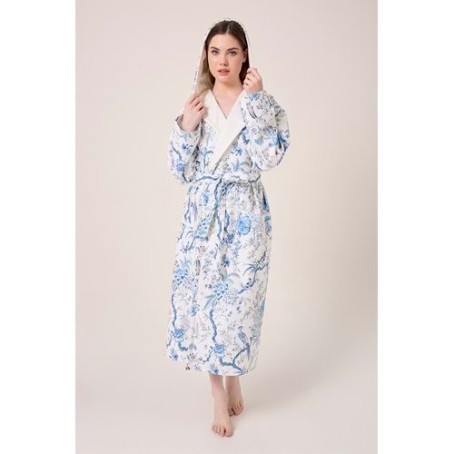 Blue Gladiolo Fiore Desenli Dijital Baskılı Kapüşonlu Bornoz