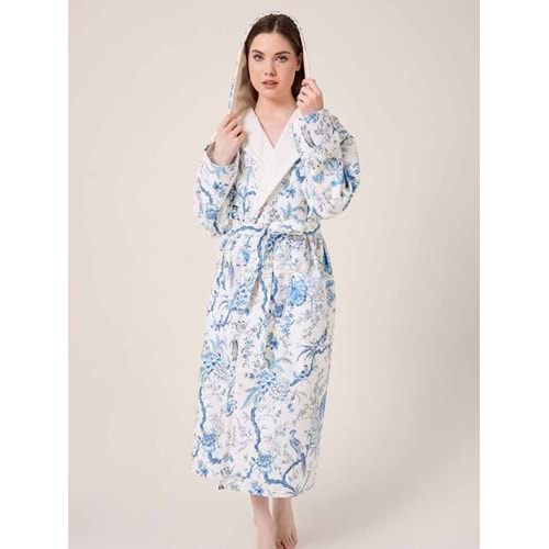Blue Gladiolo Fiore Desenli Dijital Baskılı Kapüşonlu Bornoz