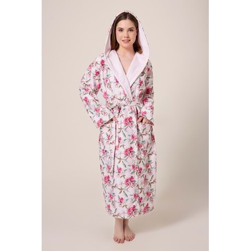 Peonia Fiore Desenli Dijital Baskılı Kapüşonlu Bornoz