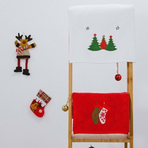 Happy Christmas Yılbaşı Nakışlı %100 Pamuk 50x90 2'li Havlu Seti