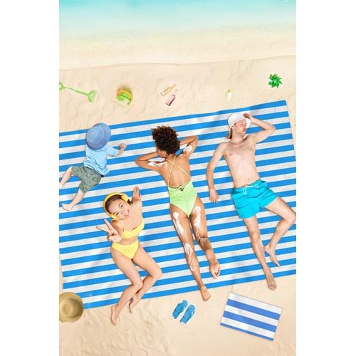 Mavi Çizgili Dijital Baskılı 150x220 Cm Aile Boyu Plaj Havlusu Kum Geçirmez