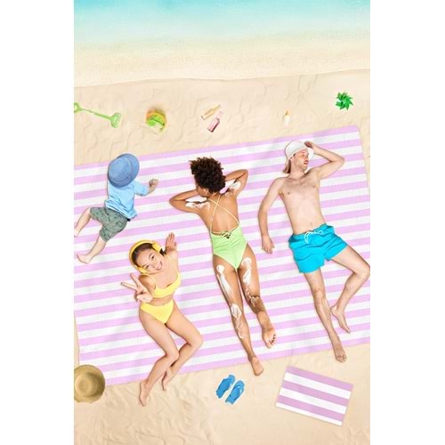 Pembe Çizgili Dijital Baskılı 150x220 Cm Aile Boyu Plaj Havlusu Kum Geçirmez