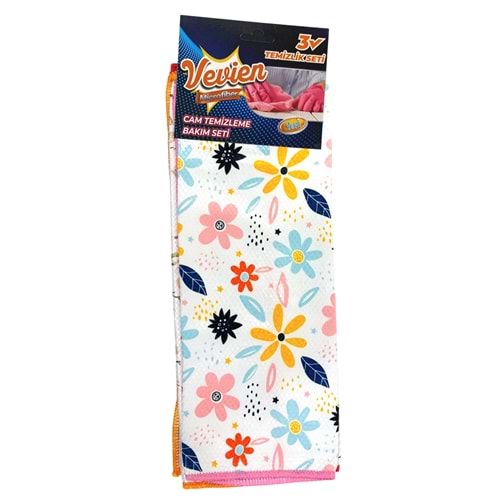 Microfiber Çiçek Desenli Cam Bezi Temizlik Bezi | 3'lü 40x40 Cm