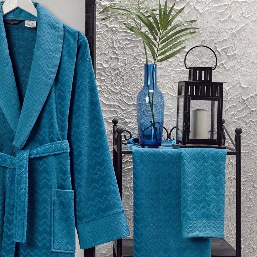 Ansaaj Kadife Jakarlı 4 Parça Bornoz Takımı MAVİ L-XL Beden