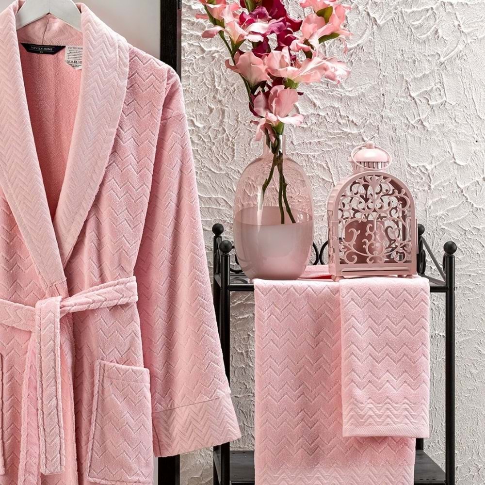 Ansaaj Kadife Jakarlı 4 Parça Bornoz Takımı PUDRA L-XL Beden
