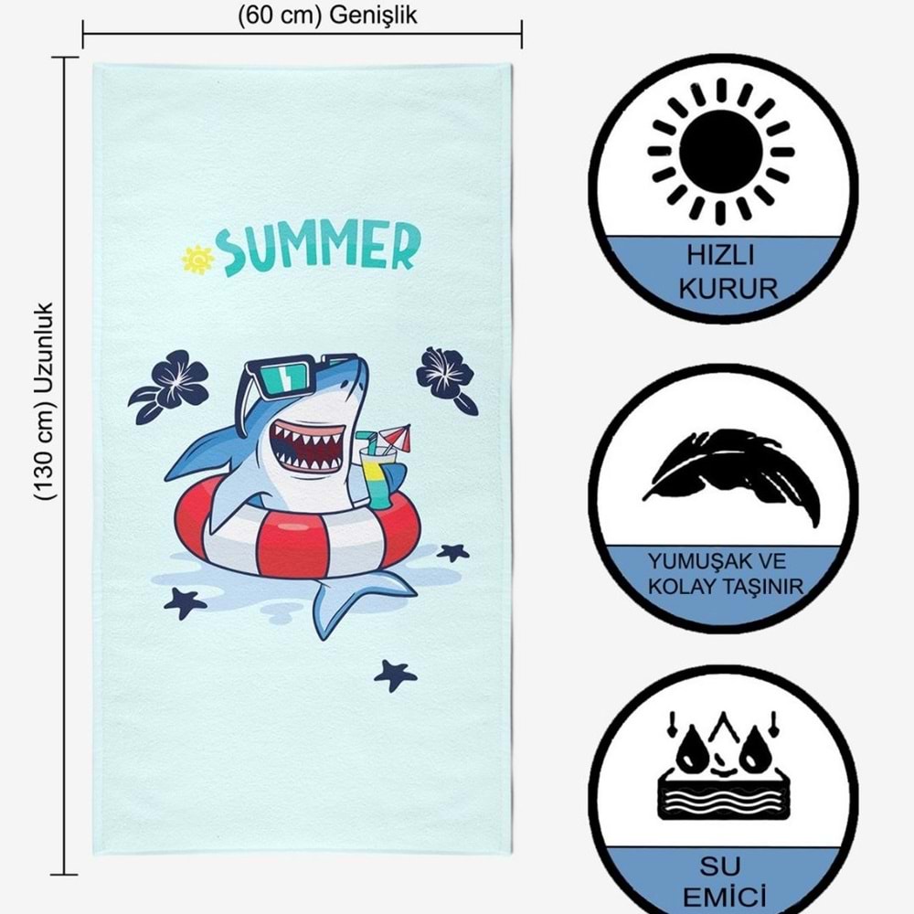 Shark Dijital Baskılı 60x130 Cm Çocuk Plaj Havlusu