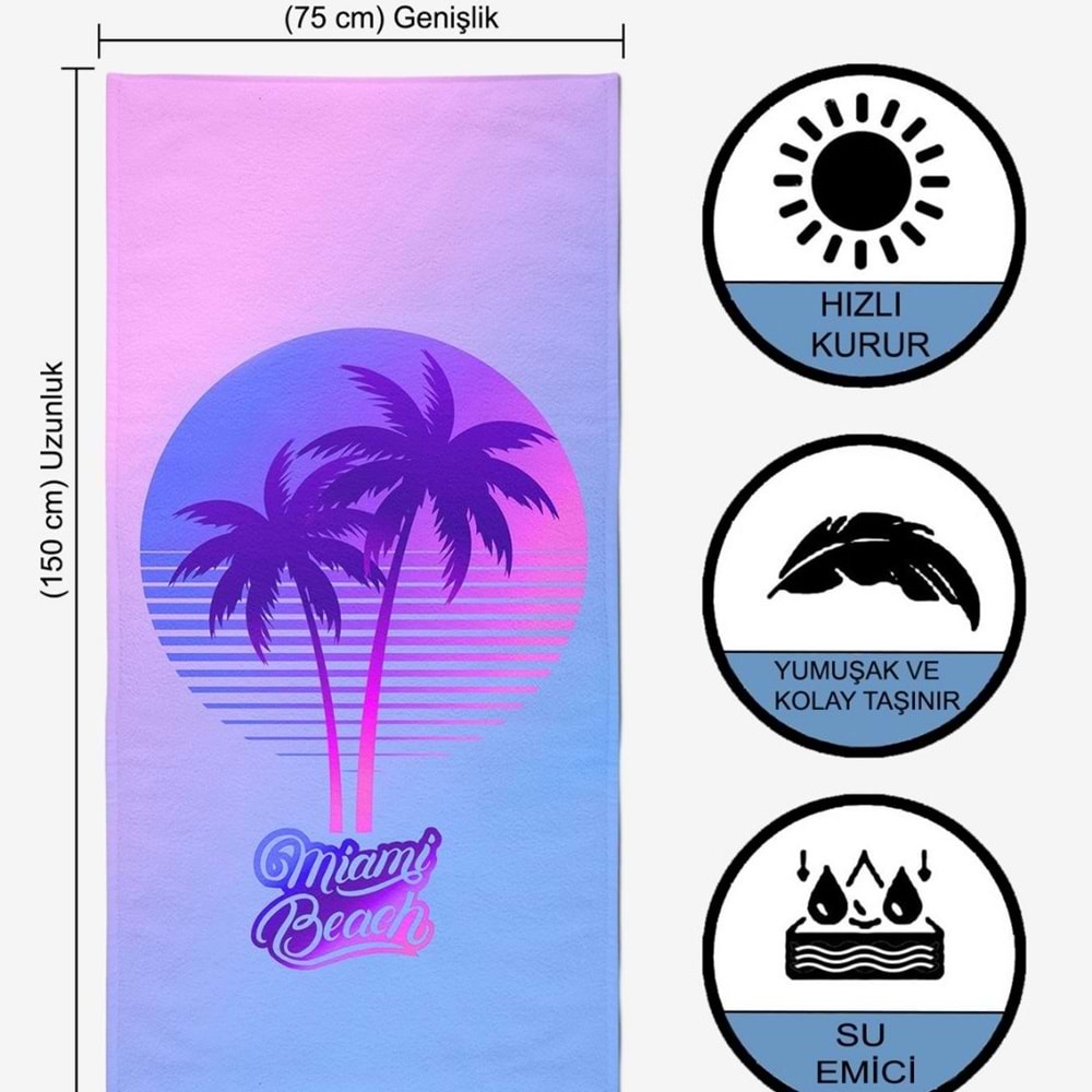 MIAMI BEACH Dijital Baskılı 75x150 Cm Plaj Havlusu