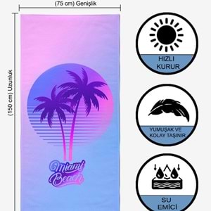 MIAMI BEACH Dijital Baskılı 75x150 Cm Plaj Havlusu