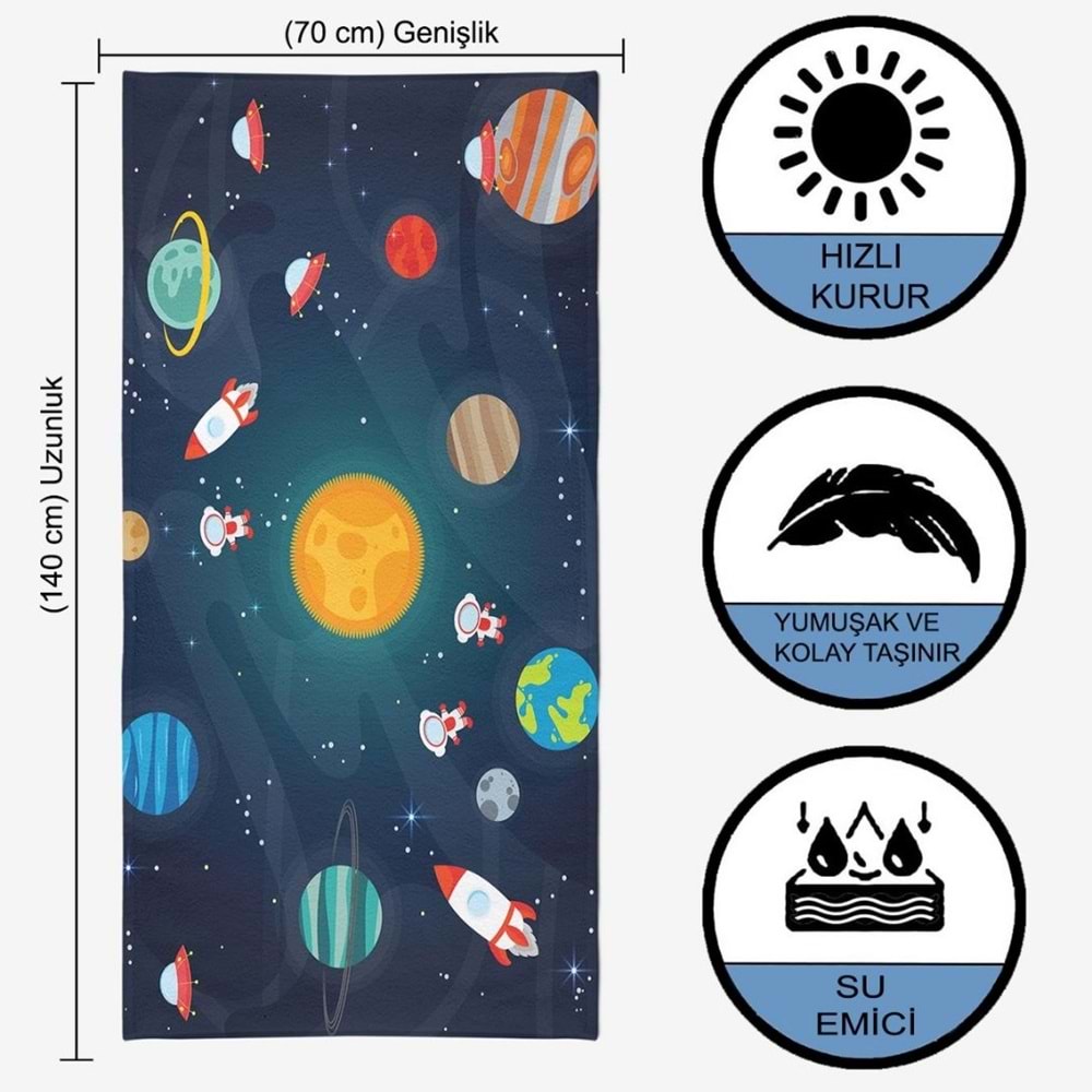 Uzay ve Gezegenler Dijital Baskılı 70x140 Cm Çocuk Plaj Havlusu