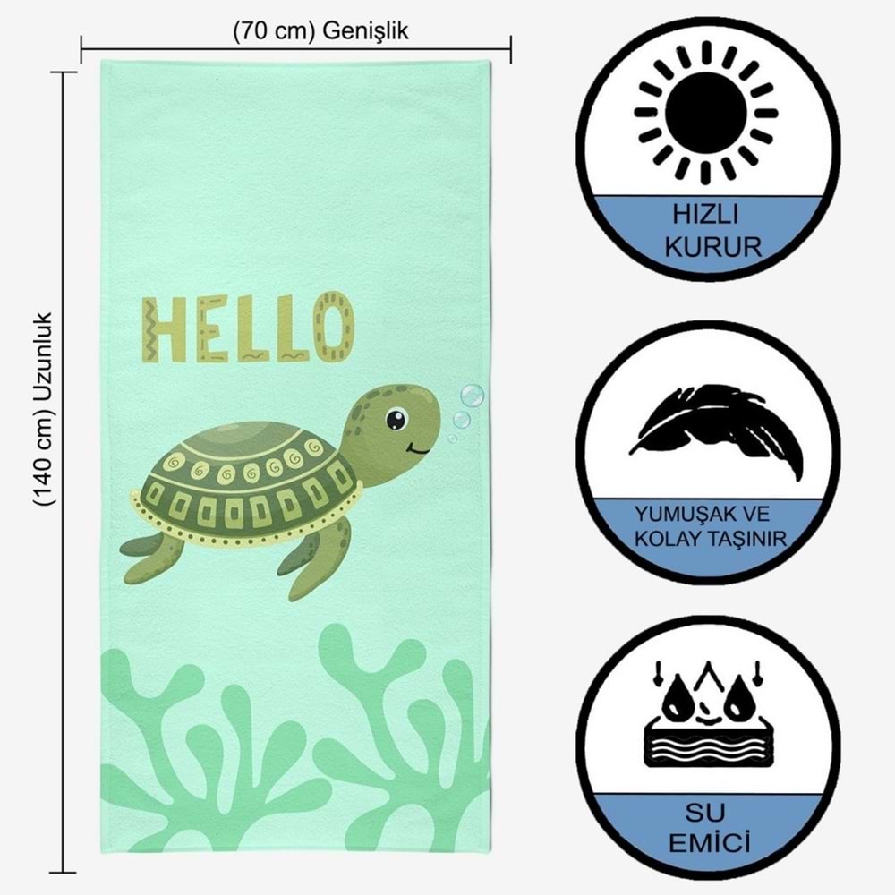 Sevimli Kaplumbağa Dijital Baskılı 70x140 Cm Çocuk Plaj Havlusu