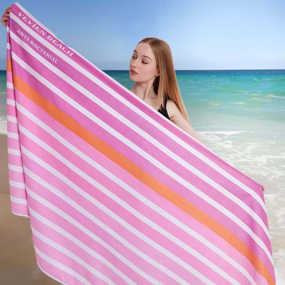 Çizgili Dijital Baskılı 100x180 Cm Plaj Havlusu (Plaj Çantası+Bone Hediyeli) PEMBE