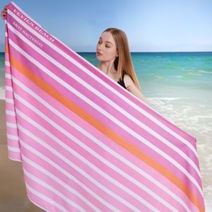 Çizgili Dijital Baskılı 100x180 Cm Plaj Havlusu (Plaj Çantası+Bone Hediyeli) PEMBE