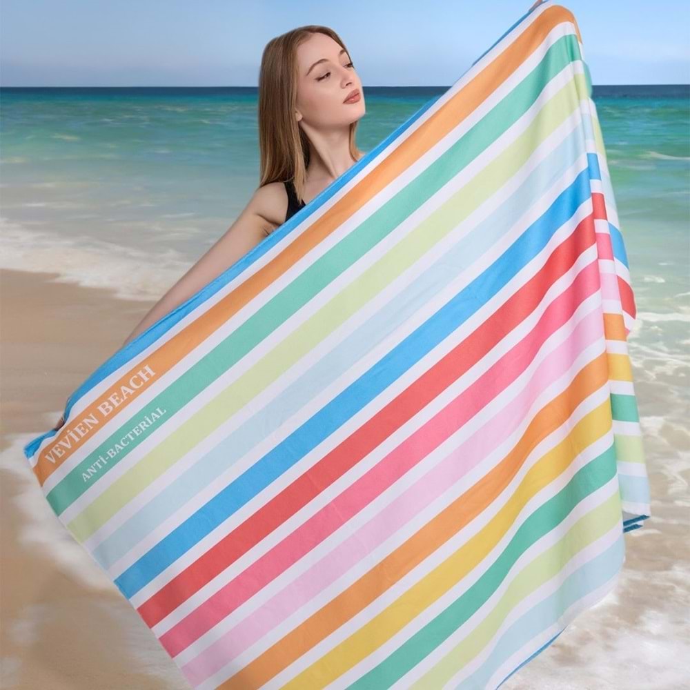 Çizgili Dijital Baskılı 100x180 Cm Plaj Havlusu (Plaj Çantası+Bone Hediyeli) Rengarek