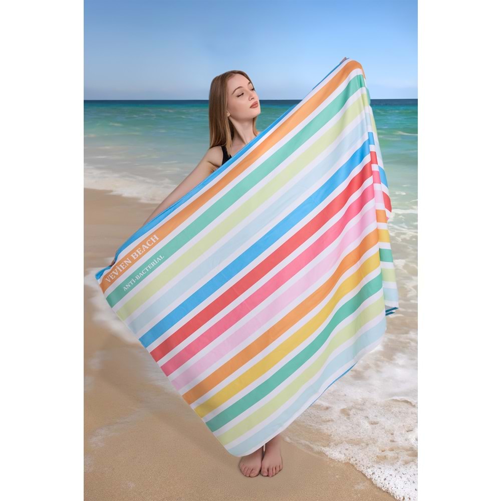 Çizgili Dijital Baskılı 100x180 Cm Plaj Havlusu (Plaj Çantası+Bone Hediyeli) Rengarek