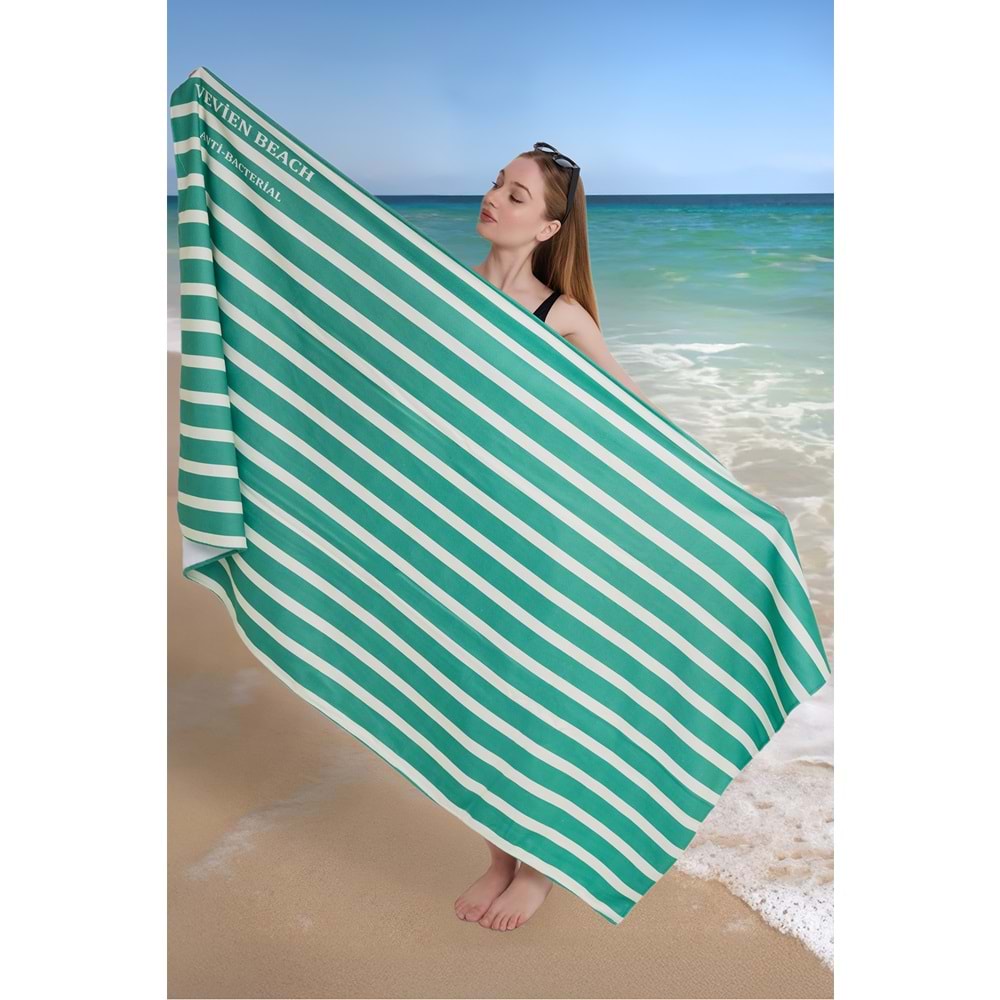 Çizgili Dijital Baskılı 100x180 Cm Plaj Havlusu (Plaj Çantası+Bone Hediyeli) YEŞİL