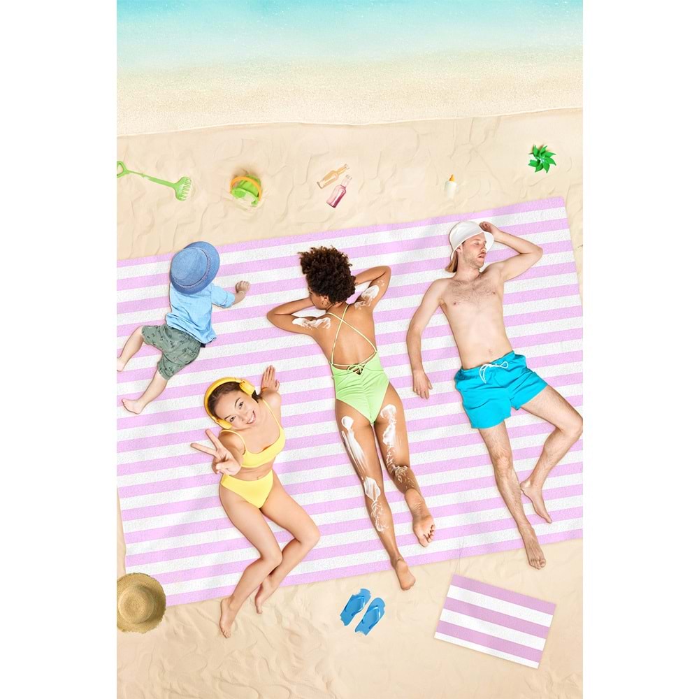 Çizgili Dijital Baskılı 150x220 Cm Aile Boyu Plaj Havlusu Kum Geçirmez