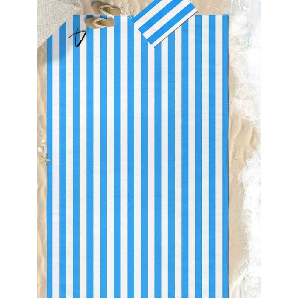 Mavi Çizgili Dijital Baskılı 150x220 Cm Aile Boyu Plaj Havlusu Kum Geçirmez