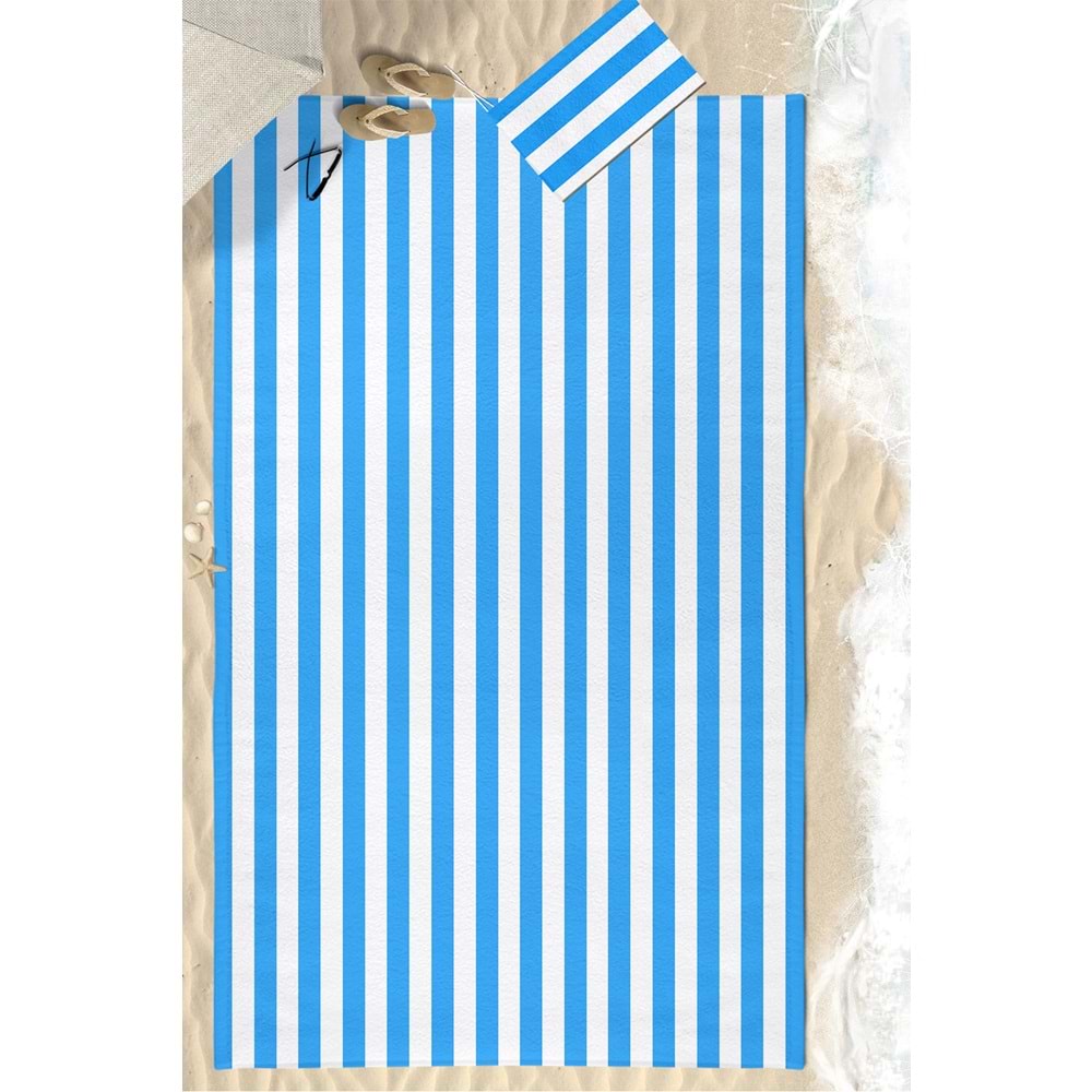 Mavi Çizgili Dijital Baskılı 150x220 Cm Aile Boyu Plaj Havlusu Kum Geçirmez
